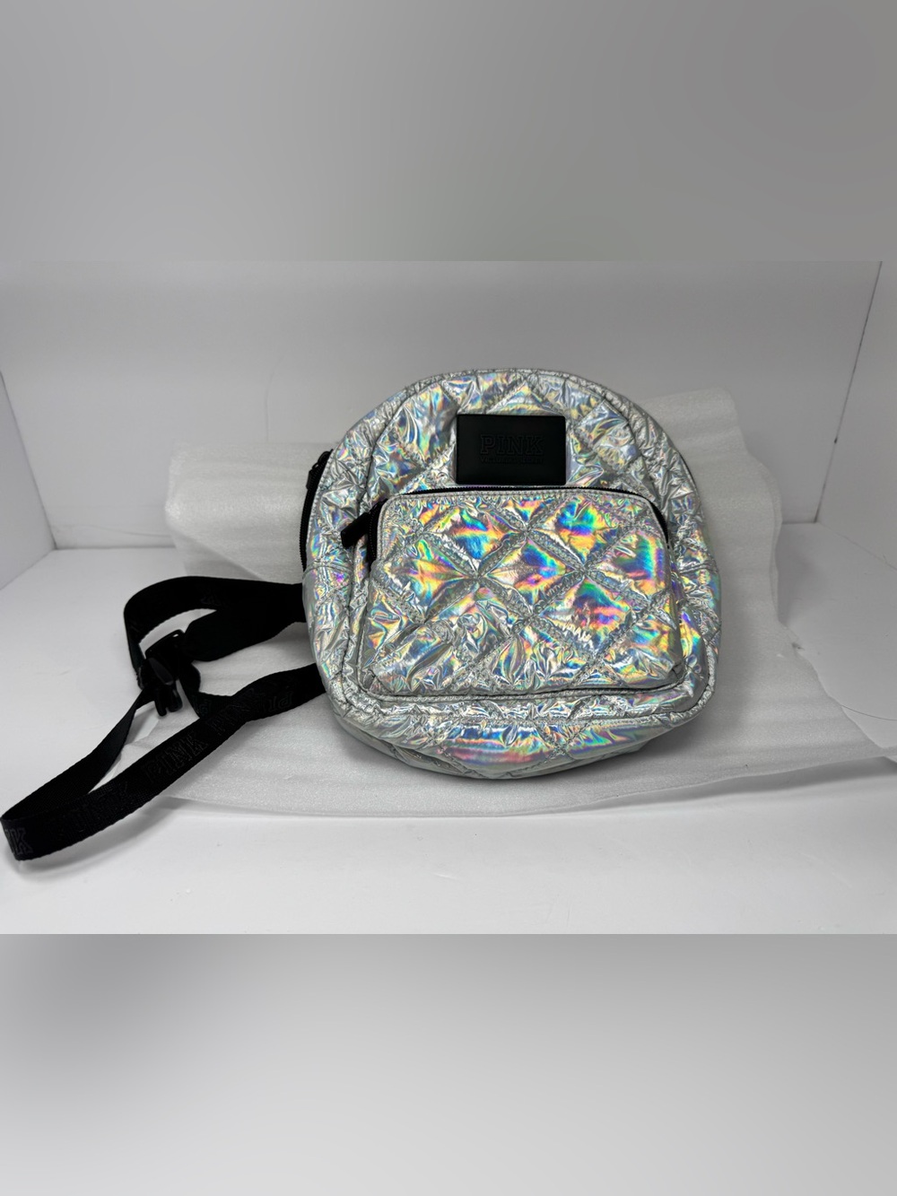 Victoria's Secret Silver Holographic Quilted Mini Backpack with Black Straps
